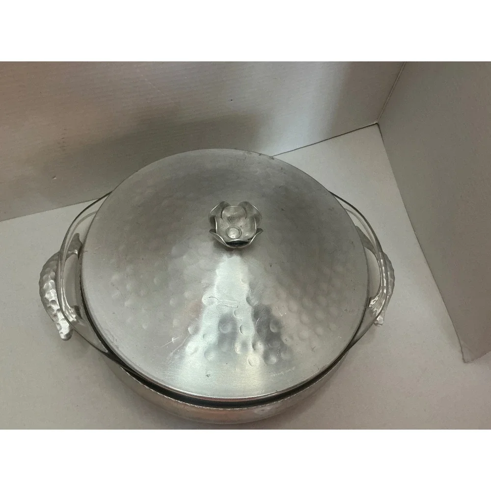 Vintage Hammered Aluminum Casserole Dish with Glass Insert Silver 9in